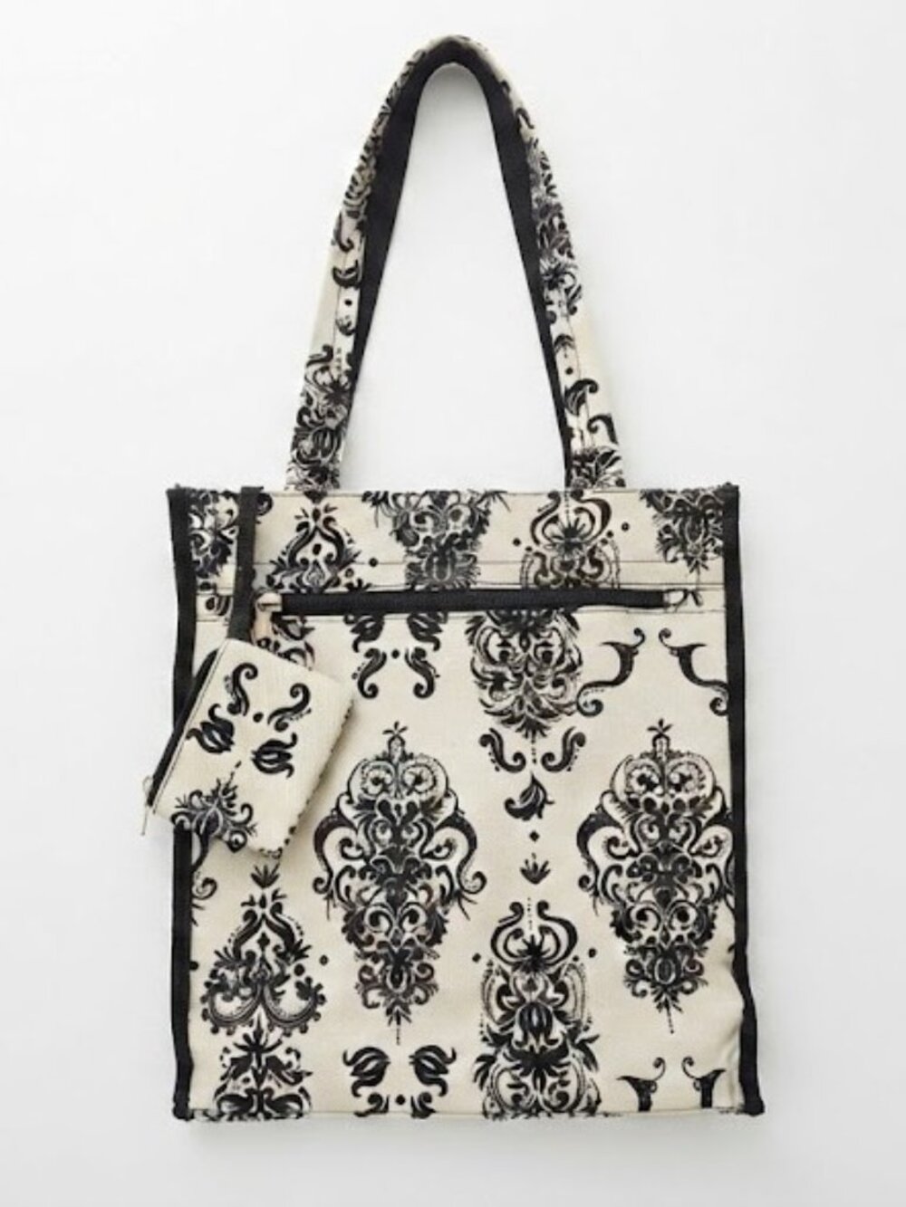 Canvas Damask Tote Book Bag with Clip-on Coin Purse